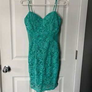 B Darlin Teal Lace Spaghetti-Strap Bodycon Dress